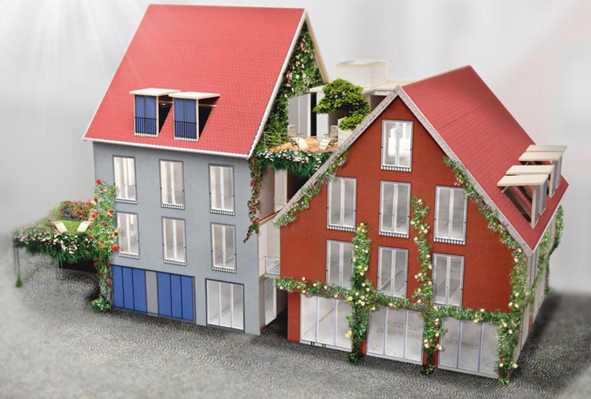 3D-Ansicht des Wohn- und Geschäftshauses Rosenhaus am Schloss in Günzburg Bauunternehmen bendl