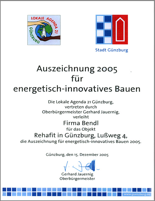 Auszeichnung energetisch innovatives bauen Rehafit Günzburg Bauunternehmen bendl Projektentwicklung Schlüsselfertigbau