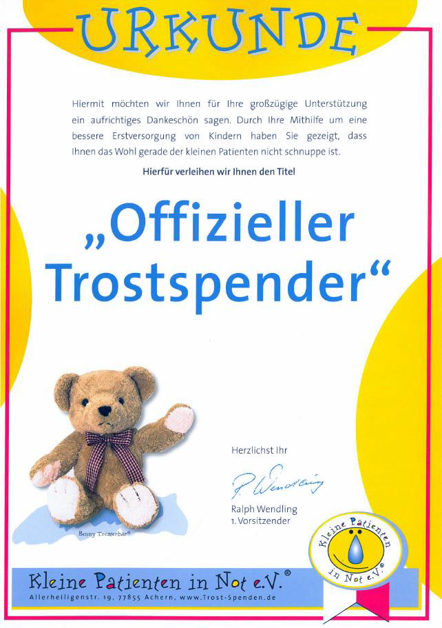 Urkunde für die Spende von Benny Trösterteddys vom Bauunternehmen bendl