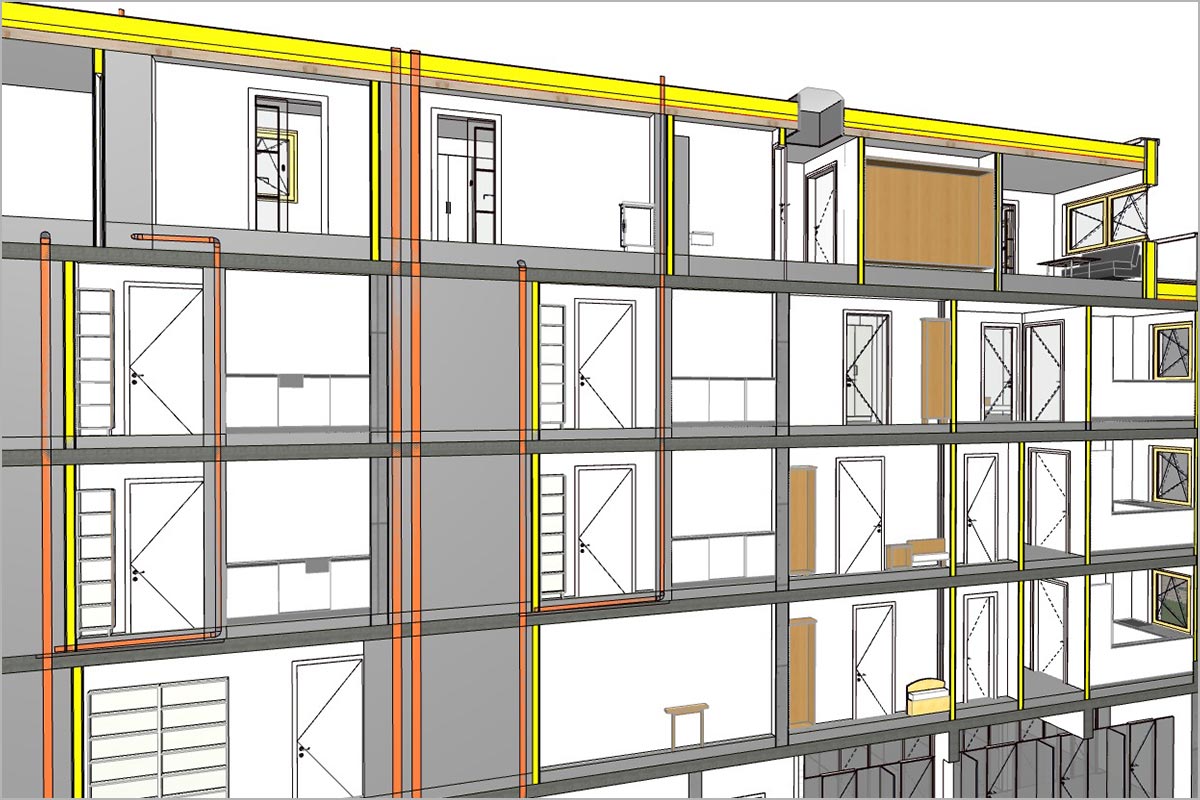 Das Architekturmodell und das TGA-Modell wurden verschmolzen. Solibri prüft anhand von Regeln und Richtlinien auf Qualität und Kollisionen.