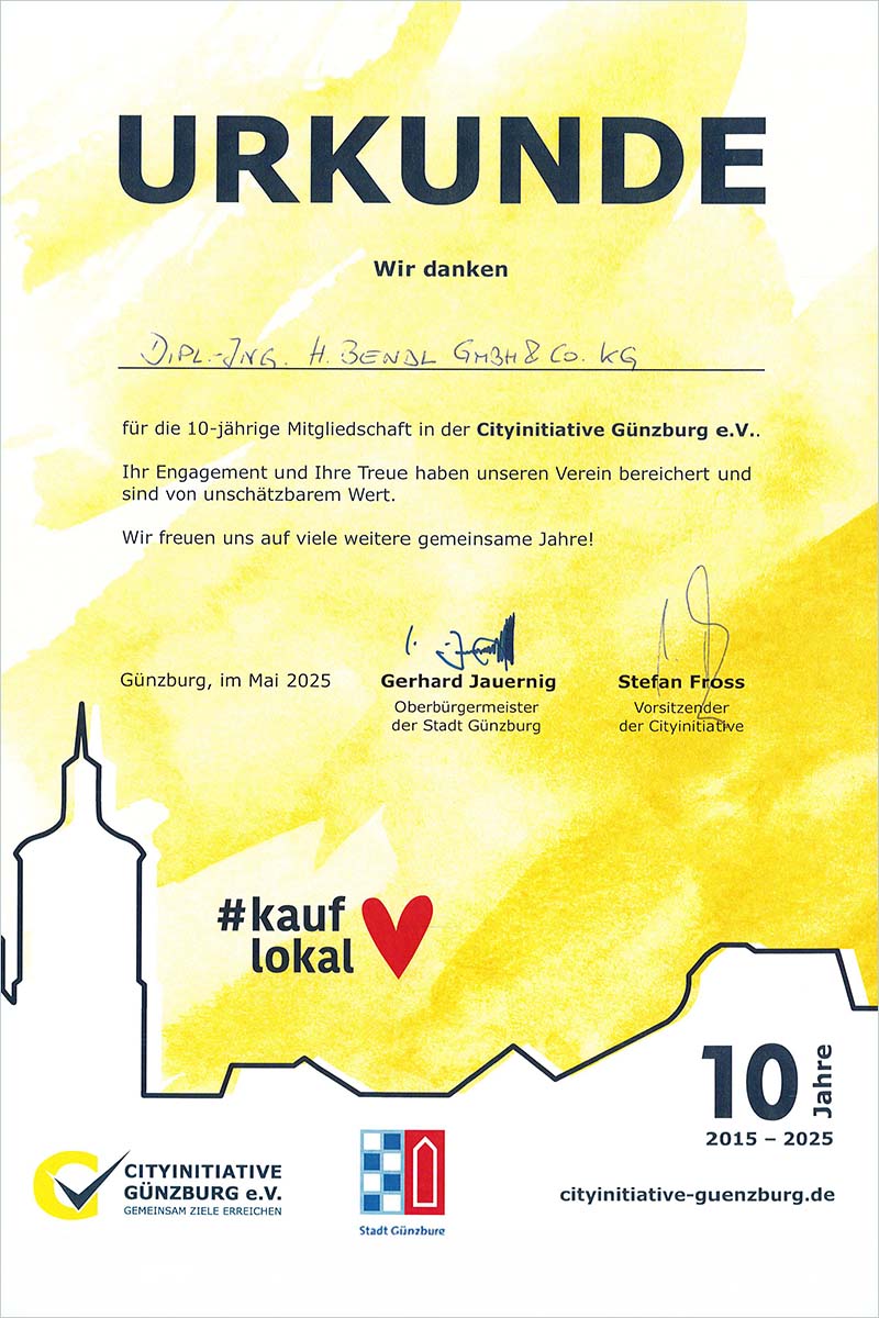 Das Bauunternehmen bendl wurde als Gründungsmitglied der Cityinitiative Günzburg besonders geehrt.